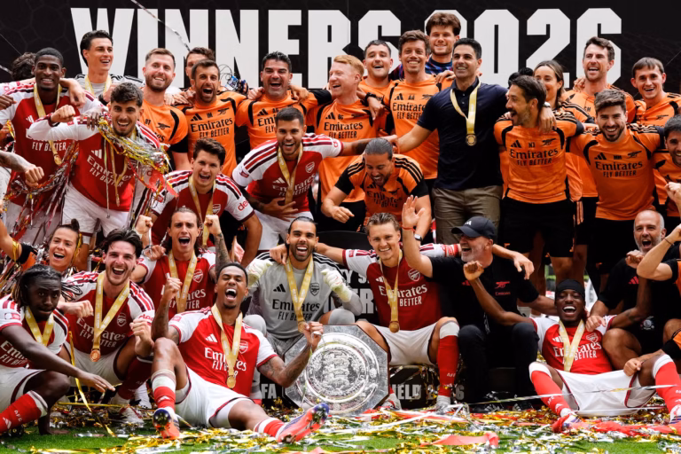 Arsenal players celebrate 3-0 Community Shield win over Manchester City in Cardiff