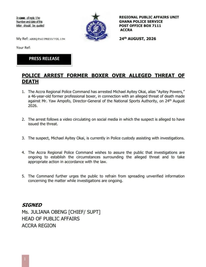 Ayitey Powers Arrested Over Death Threat to NSA Boss Nukunya