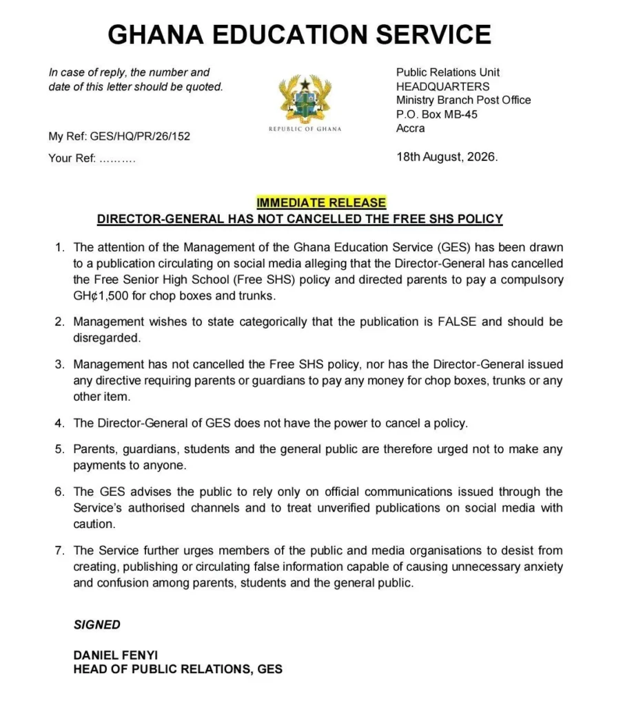 GES Denies Free SHS Cancellation, Warns Against GH¢1,500 Scam