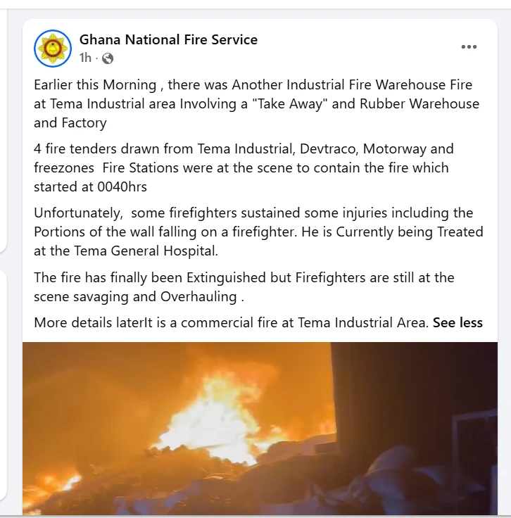 Fire Guts Rubber Warehouse and Factory in Tema, Firefighter Injured Nukunya