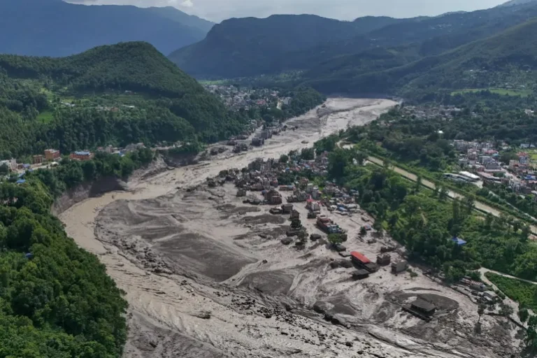 Flood damage and debris after the Nepal-Tibet border disaster