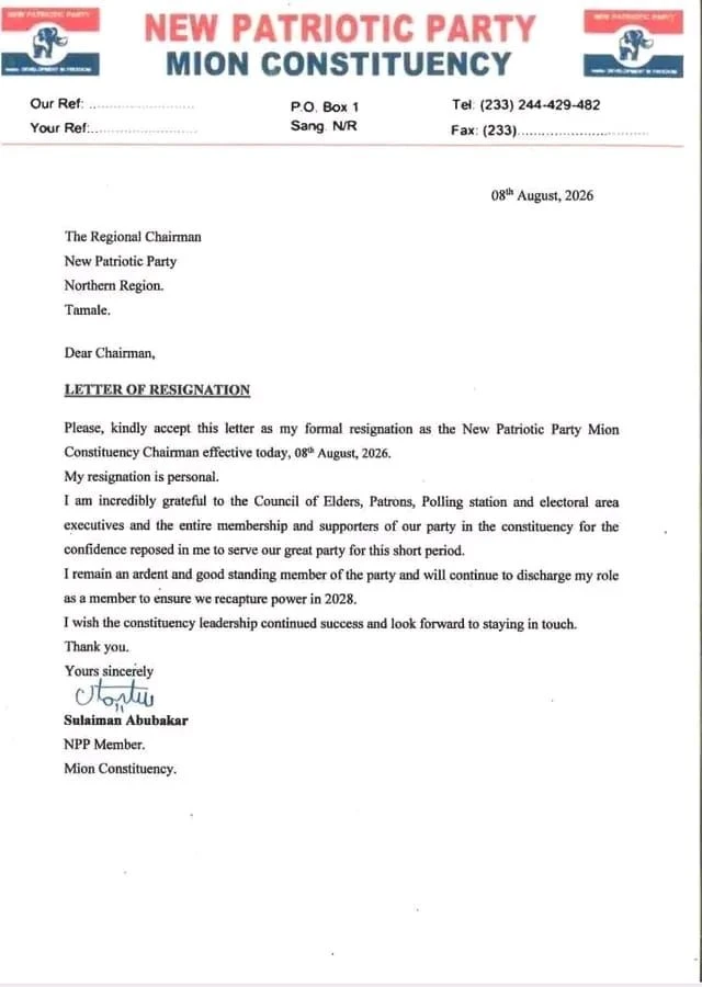 NPP Mion Chairman Sulaiman Abubakar Resigns From Position Nukunya