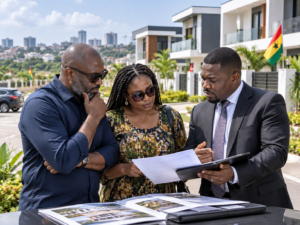Ghanaian diaspora buyers discuss property ownership and land lease documents in Ghana.