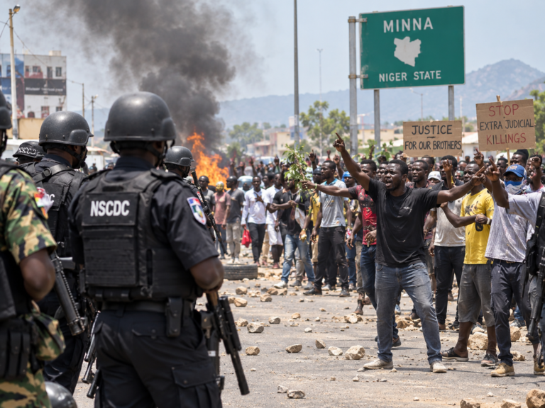 Security forces and protesters in Minna Nigeria following deaths of 37 suspected illegal miners in custody