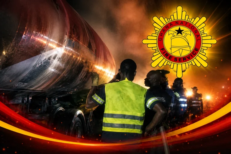 Firefighters responding to an LPG tanker fire on the Accra-Tema Motorway
