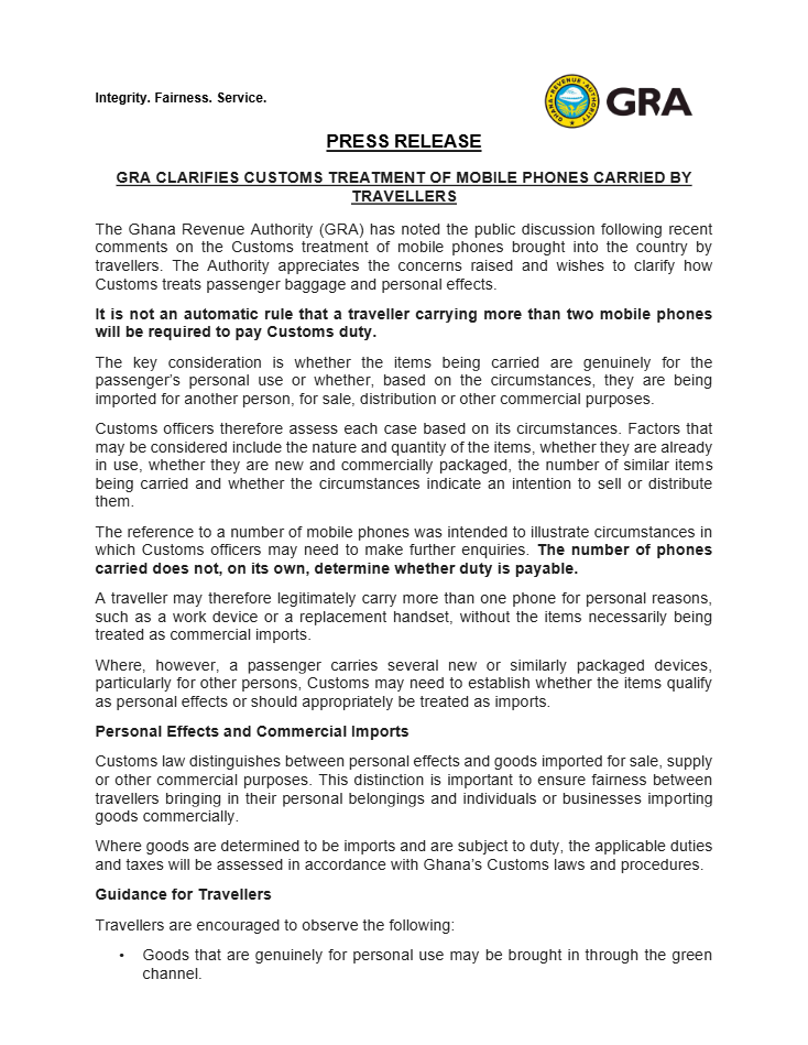 GRA Clarifies Rule on Mobile Phones and Customs Duty Nukunya