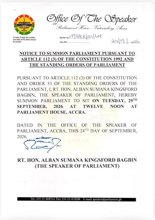 Speaker Bagbin Summons Parliament to Sit September 29 Nukunya
