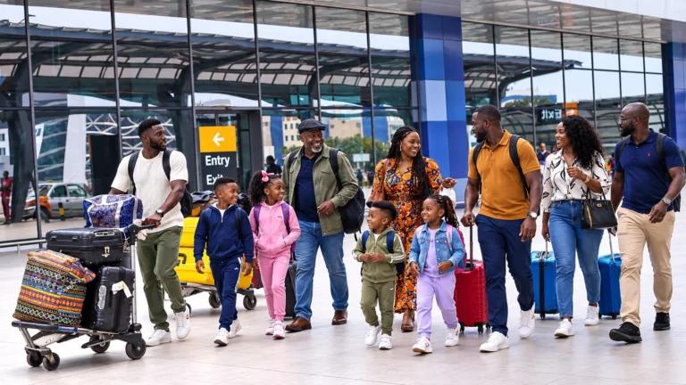 International travellers carrying luggage through an airport terminal.