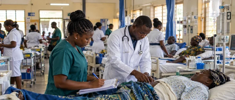 Ghanaian healthcare professionals working in a hospital clinical environment.
