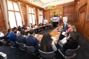 Business representatives meeting investors during a UK–Ghana investment event.